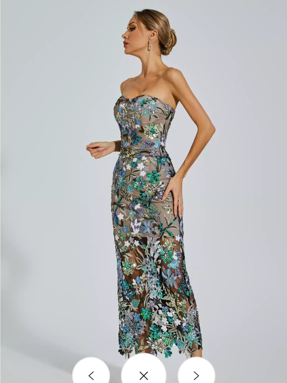 Alice + Olivia Strapless Floral Embroidered Midi Dress in Green and Blue
